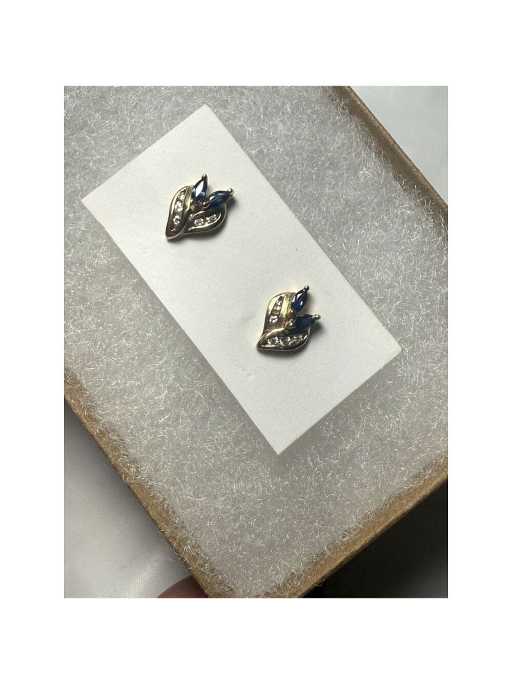 14K Yellow gold Diamond Marquise Blue Sapphire Earrings - Picture 10 of 12